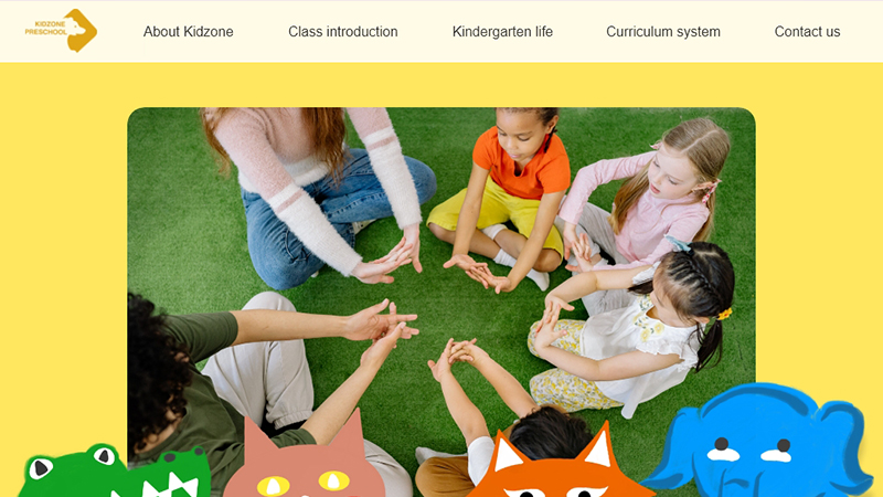 儿童网页Kindergarten Web幼儿园育儿类橙色黄色电脑界面英文版6页复杂自制动画开场，有交